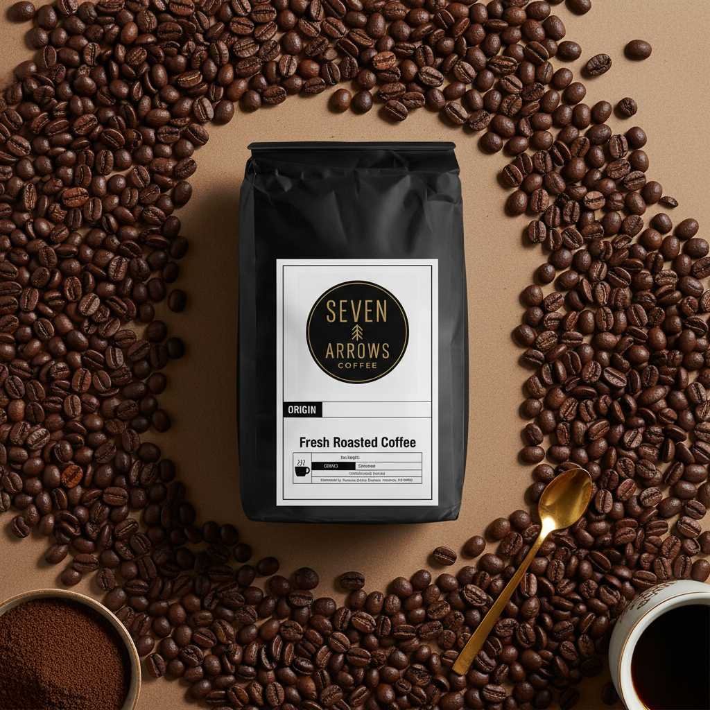 Coffee Beans Background with Seven Arrows Branding